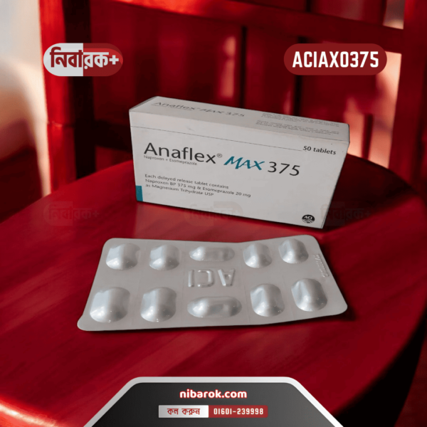 The image shows the Anaflex Max 375 tablet packaging, a product combining Naproxen Sodium 375 mg and Esomeprazole 20 mg for the treatment of arthritis and gastric ulcer prevention.