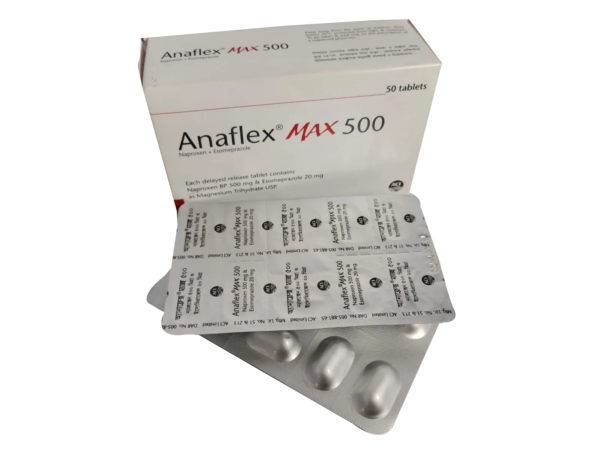 A box of ANAFLEX MAX 500, containing 50 tablets of 500 mg each, designed for pain relief and inflammation reduction. The packaging is compact, likely featuring medical branding and dosage information.