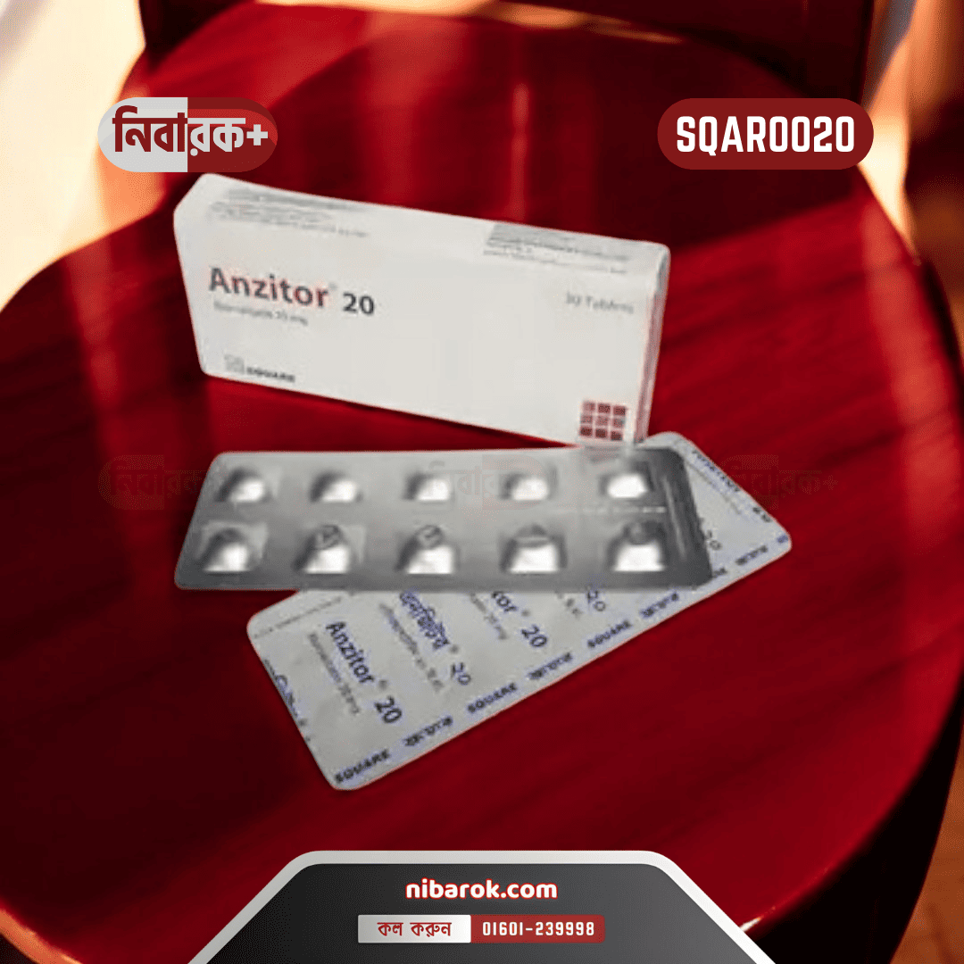 A box of Anzitor 20 tablets with detailed labeling and dosage instructions for cholesterol management.