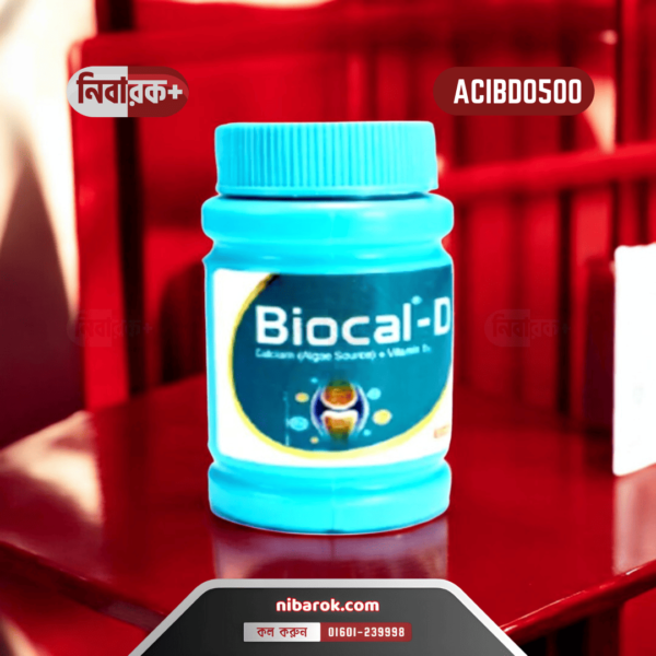 Biocal-D tablet bottle, showcasing the packaging of Calcium Carbonate and Vitamin D3 supplement.