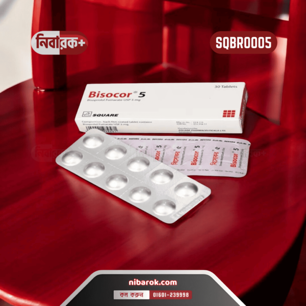 Image of a bottle of Bisocor 5 tablets next to a blood pressure monitor to illustrate its use in treating hypertension.