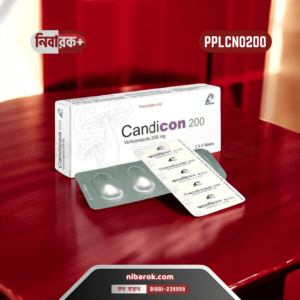 A blister pack of Candicon 200 mg tablets with a clear label showing the dosage and generic name, Voriconazole.