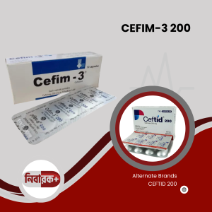 Bottle of Cefim-3 200 tablets next to a leaflet on a clean surface.