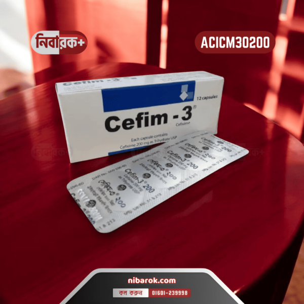 Bottle of Cefim-3 200 tablets next to a leaflet on a clean surface.