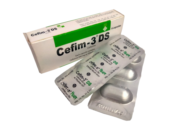 Cefim-3 DS blister pack showing capsules and detailed labeling.