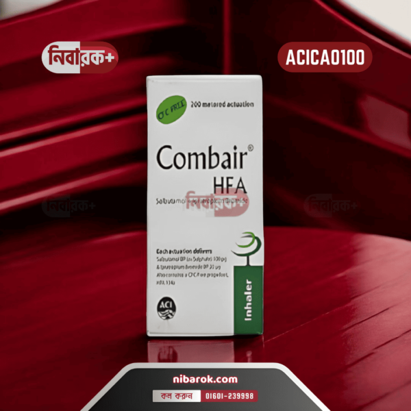 Combair HFA Inhaler on a white background, showing detailed labeling.