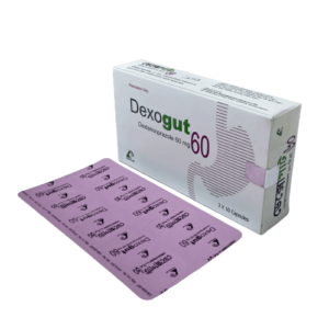 "Dexogut 60 capsule box and information leaflet."