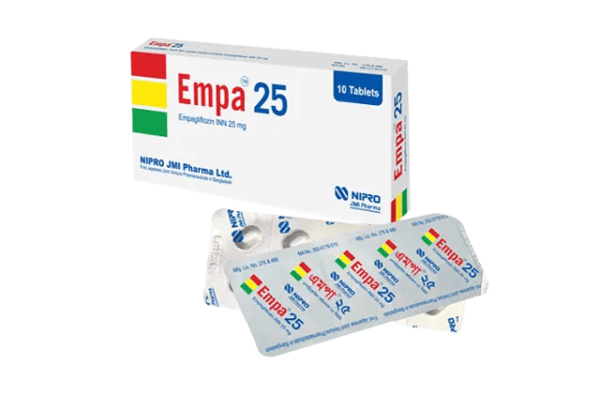 A close-up of Empa 25 tablets in a blister pack, highlighting the distinct branding and dosage information.