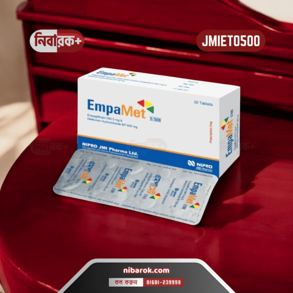 Close-up image of Empamet 500 tablet package beside a stethoscope and glucose meter.