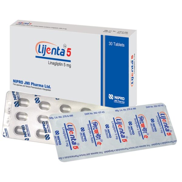 Nibarok "Compact and lightweight box of JMI Lijenta 5 containing 30 tablets, measuring 1.5 inches high, 2.5 inches wide, and 3.5 inches long, weighing 45 grams. Designed for secure and user-friendly packaging, ideal for easy handling and storage by individuals managing type 2 diabetes.