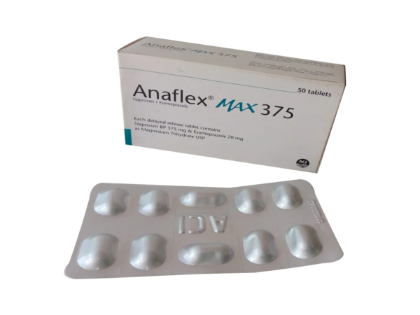 Packaging of Anaflex Max 375 showing tablet strip and box