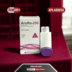 Photo of Aroflo 250 HFA Inhaler against a clean, clinical background to emphasize its medical use.