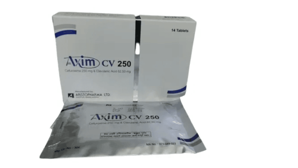 Packaging of Axim CV 250mg+62.5mg Tablet showcasing its label and dosage information.