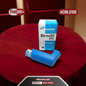 Brodil HFA Refill inhaler, featuring the blue and white inhaler device with a visible mouthpiece and dosage counter. The background is plain, emphasizing the inhaler's design and branding for easy identification.