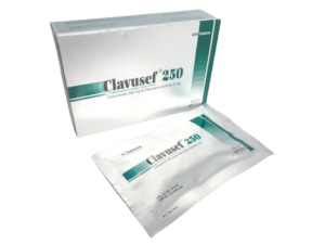 Clavusef 250mg+62.5mg Tablet box with blister packs.