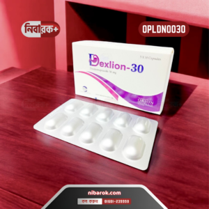 A bottle of Dexlion 30 capsules next to a glass of water on a table.