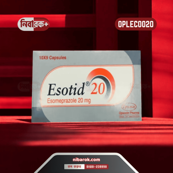 A blister pack of Esotid 20 capsules next to a glass of water.