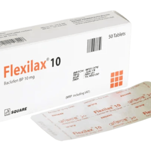 Bottle of Flexilax 10 tablets beside a glass of water on a table, indicating its usage as a medication.