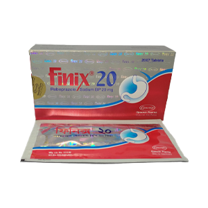 A blister pack of Finix 20mg tablets by Opsonin Pharma, containing Rabeprazole Sodium, used for treating acid-related stomach conditions.