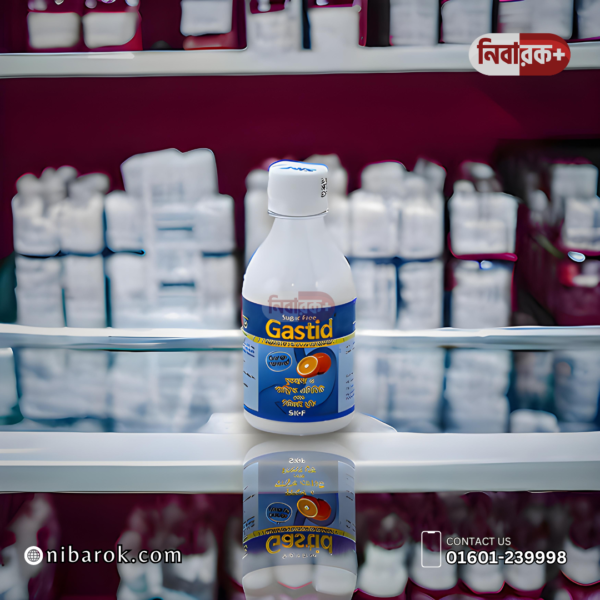 Bottle of Gastid oral suspension with measuring cup.