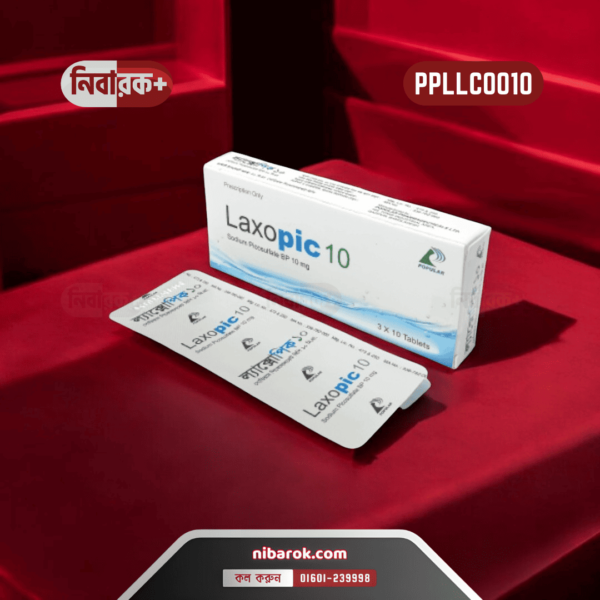 Packaging of Laxopic 10 tablets showing clear blisters and blue-white cardboard.