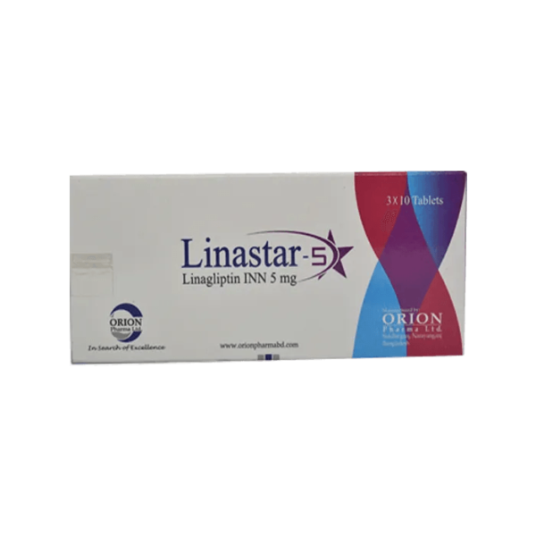 Close-up view of Linastar 5mg tablets in their packaging