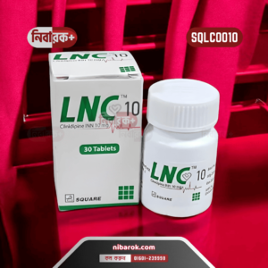 A digital depiction of a LNC 10 tablet packaging by Square Pharmaceuticals, highlighting the active ingredient Cilnidipine.