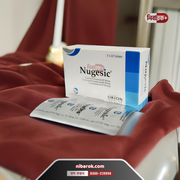 A bottle and blister pack of Nugesic 500 tablets alongside an injection ampoule.