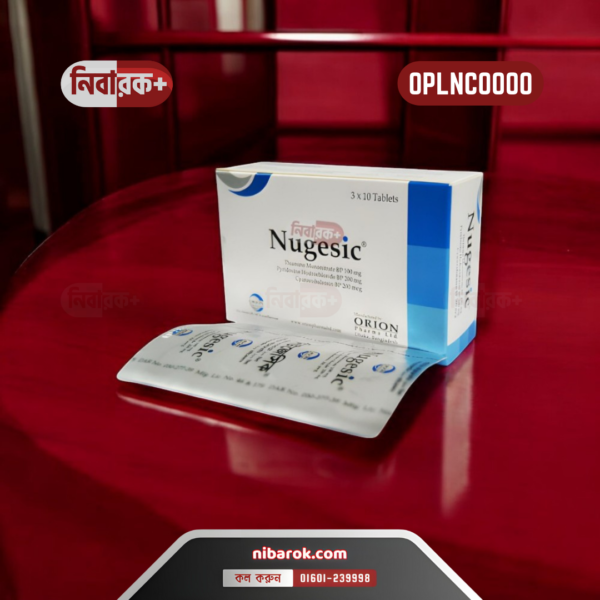 A bottle and blister pack of Nugesic 500 tablets alongside an injection ampoule.