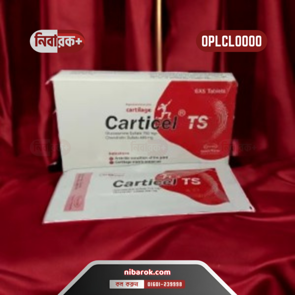 Bottle of Carticel TS tablets on a pharmacy shelf.