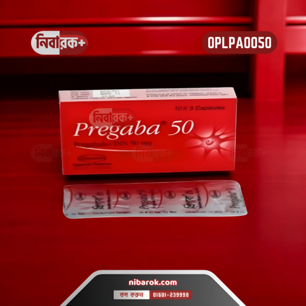 Pregaba 50 capsule bottle with capsules marked "Pregabalin 50 mg" scattered on a surface.