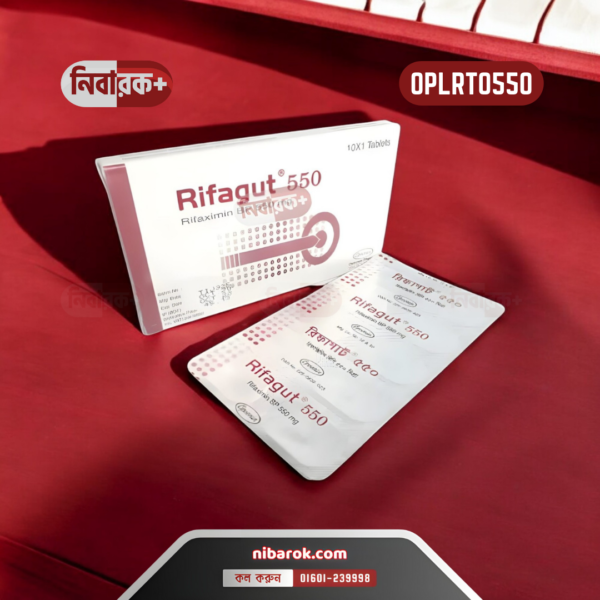 Bottle of Rifagut 550 tablets with descriptive text overlay highlighting key benefits and usage instructions.