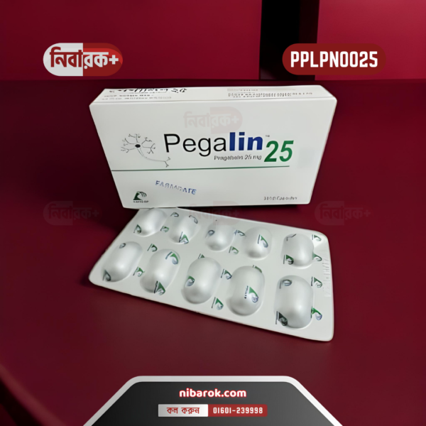 Blister pack of small white Pegalin 25 (Pregabalin) capsules.