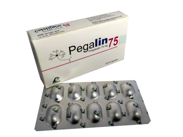 A close-up view of a bottle of Pegalin 75 capsules with a clear label.