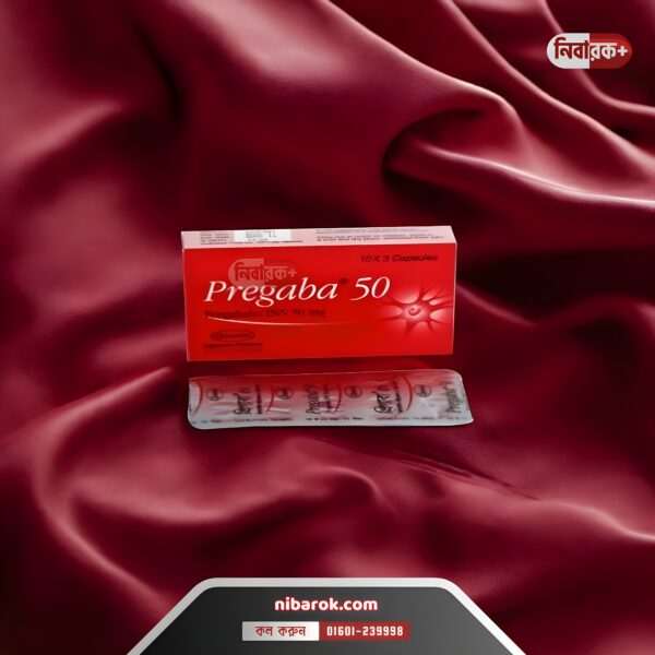 Pregaba 50 capsule bottle with capsules marked "Pregabalin 50 mg" scattered on a surface.