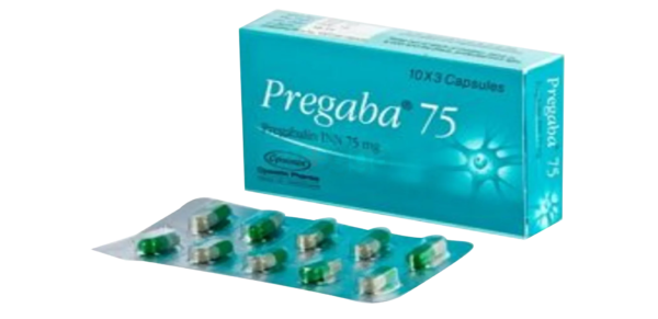 Bottle of Pregaba 75 capsules with its packaging visible.