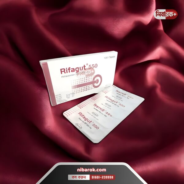 Bottle of Rifagut 550 tablets with descriptive text overlay highlighting key benefits and usage instructions.