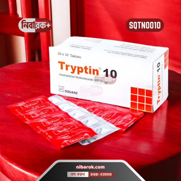 Blister pack of Tryptin 10 mg Tablets on a white background.