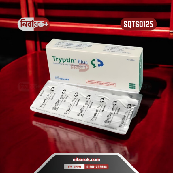 A package of Tryptin Plus tablets showing both active ingredients and dosage.