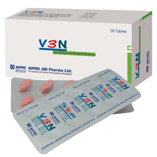 A package of V3N tablets showing detailed dosage and ingredients information.