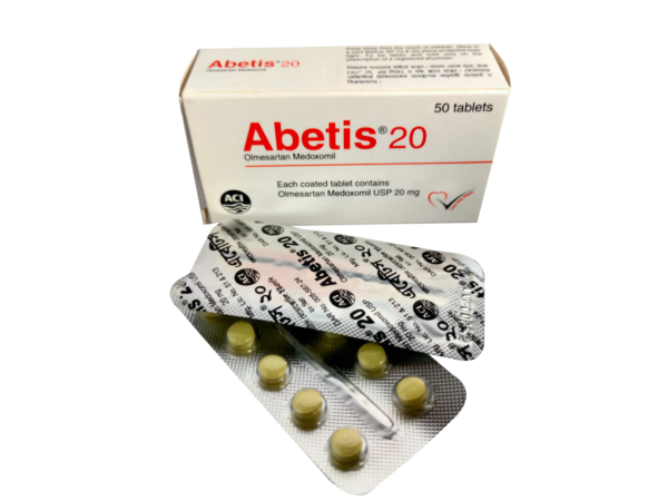 Image of Abetis 20 tablet box containing Olmesartan Medoxomil 20mg, manufactured by ACI Limited.