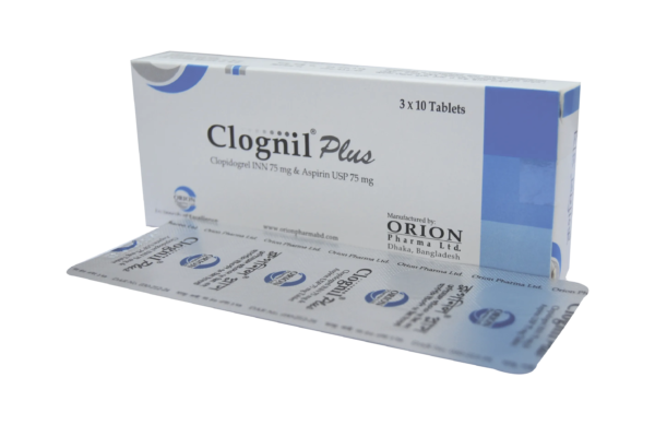 Clognil Plus tablet packaging with a combination of Clopidogrel and Aspirin.