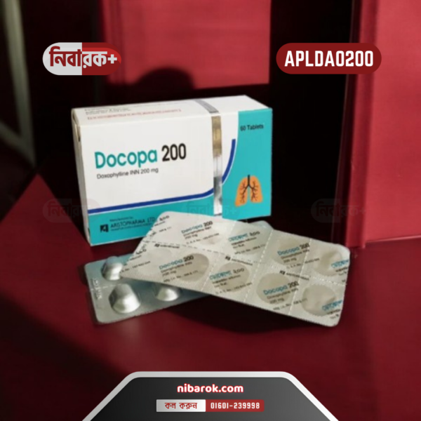 Docopa 200 tablets in a blister pack, manufactured by Aristopharma Ltd., used for treating asthma and COPD.