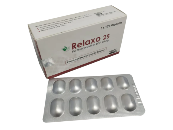 Relaxo 25 capsule, a muscle relaxant containing 25mg of Dantrolene Sodium, by Ziska Pharmaceuticals.