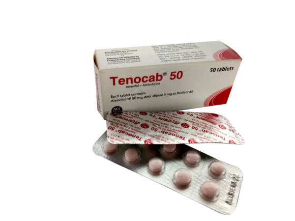 Tenocab 50 tablet box and blister pack showing Amlodipine 5mg and Atenolol 50mg.