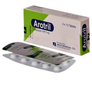 Image of Arotril 2 tablets packaging, showing the brand name, dosage, and manufacturer's details.