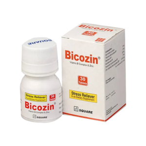 Image of Bicozin tablets and syrup, a product by Square Pharmaceuticals Limited for treating Zinc and Vitamin B deficiencies.