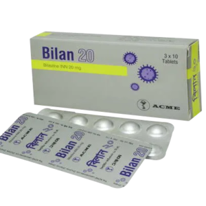 A pack of Bilan 20 tablets, used for treating allergy symptoms.