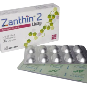 A bottle of Zanthin 2 Licap capsules from Square Pharmaceuticals Limited, containing 2 mg of Astaxanthin.