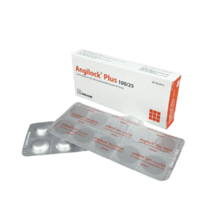 Angilock Plus 100/25 tablet box displaying the brand name, dosage strength of Losartan Potassium and Hydrochlorothiazide, and Square Pharmaceuticals logo.